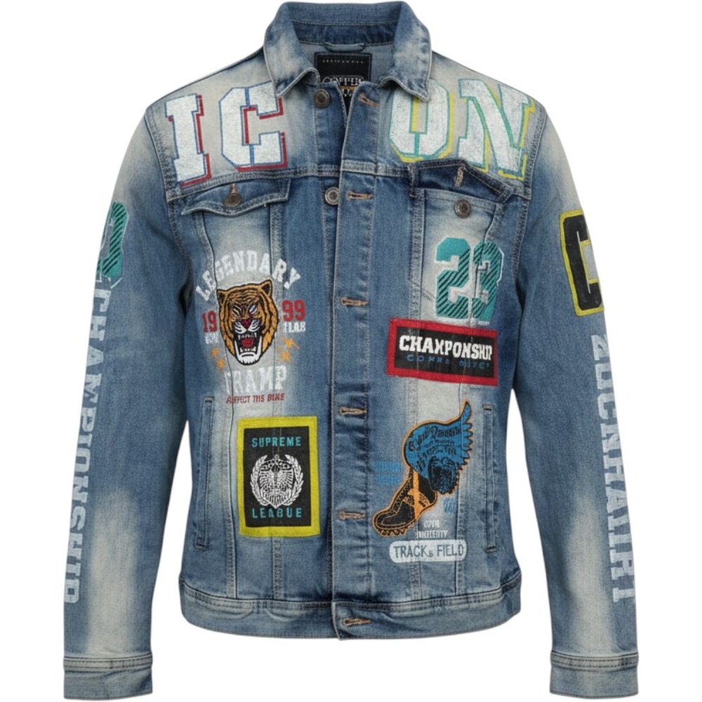Copper Rivet Mens Icon Patch Distressed Denim Trucker Jacket Blue Streetwear M